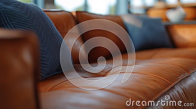 A close up of a leather couch with blue pillows on it, AI Stock Photo