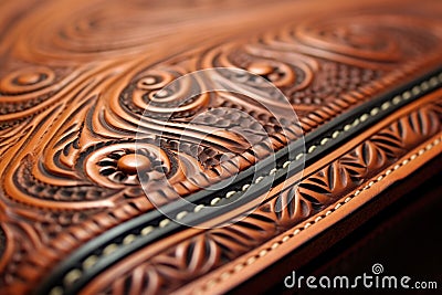 close-up of leather saddle stitching and tooling Stock Photo