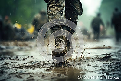 Close up legs of a soldier running on rainy muddy battlefield ground Stock Photo