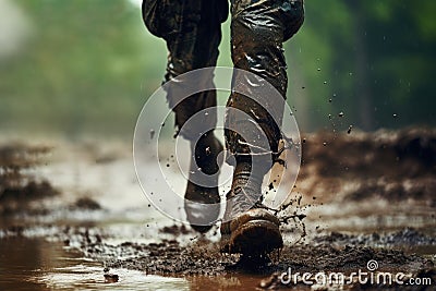 Close up legs of a soldier running on rainy muddy ground Stock Photo