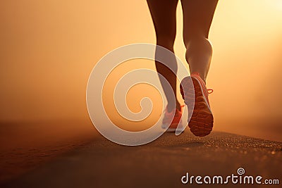 Close up on legs of a woman running on foggy morning after the rain. Runners legs on a sunrise Stock Photo