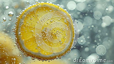 A close up of a lemon slice in water with bubbles, AI Stock Photo