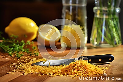 close-up of lemon zest and a zester on a table Stock Photo