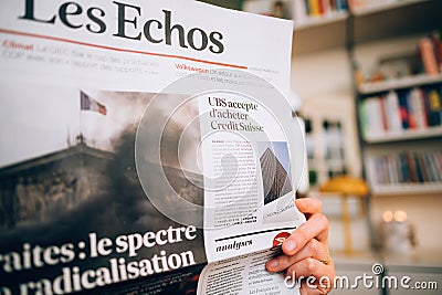 Close-up of Les Echos French newspaper breaking news of UBS hist Editorial Stock Photo