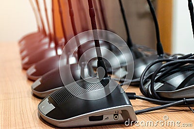 Close up Line array microphone Conference Stock Photo