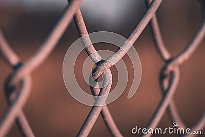 A close up of the links of a chain link fence using selective focus Stock Photo