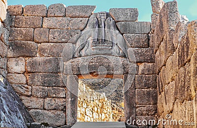 Close up of Lion gate in ancient Greek ruins at Mycenae which is mentioned in the Iliad - missing heads were thought to be gold Stock Photo