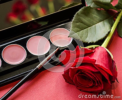Close-up lip gloss set with brush and rose on red textured surface. Stock Photo