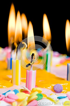 Close up of lit birthday candles Stock Photo