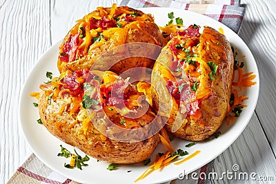 Close-up of Loaded freshly Baked hot Potatoes Stock Photo