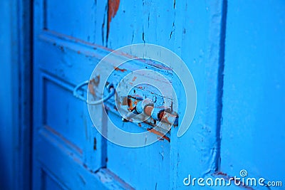 Close-up of blue door in Chefchaouen, the Blue City, Morocco Stock Photo