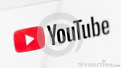 Close-up of the logo on the header of a YouTube web page Editorial Stock Photo