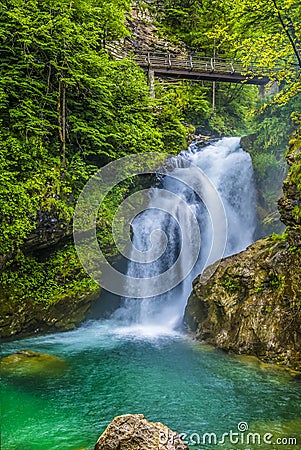 A close up, long exposure view of the falls on the Radovna River at the end of the Vintgar Gorge in Slovenia Stock Photo