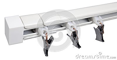 Close-up look at curtain rail ending with hooks. Isolated on white background with clipping path. Stock Photo