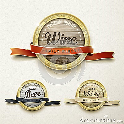 Close up look at premium quality wine golden labels Vector Illustration