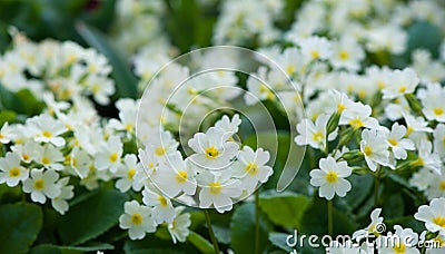 Close-up of lot white spring Common Primrose Primula Stock Photo