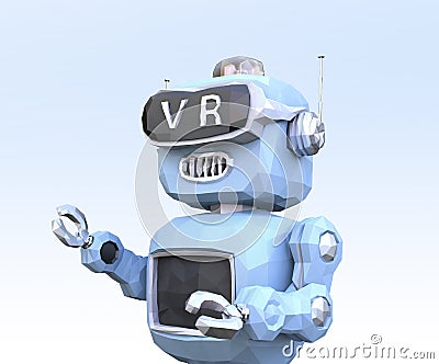 Close up of low poly retro robot wearing VR headset on light blue background Stock Photo
