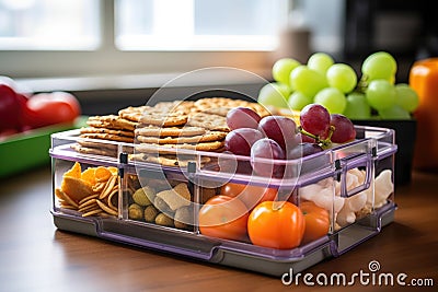 close-up of a lunchbox with diverse healthy snacks on a students desk Stock Photo