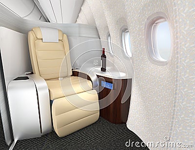 Close-up of luxurious business class seat with metallic silver partition. Stock Photo