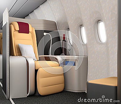 Close-up of luxurious business class seat with metallic silver partition. Stock Photo