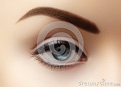 Close-up macro of beautiful female eye with perfect shape eyebrows. Clean skin, fashion naturel make-up. Good vision Stock Photo