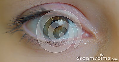 Close up macro eye opening human iris natural beauty. Stock Photo