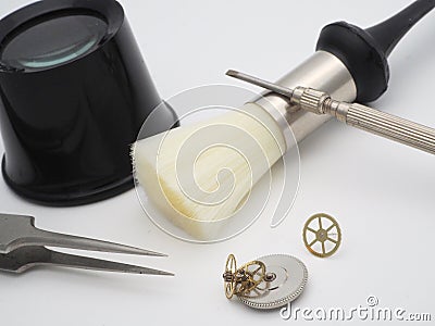 Watch makers repair tools and parts Stock Photo