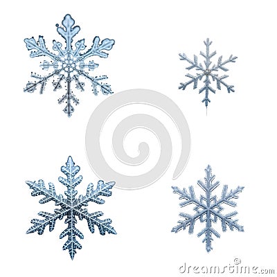 Close-up macro photo of four frozen snowflakes against alpha layer. Detailed icy patterns, delicate structures show. Frozen Stock Photo
