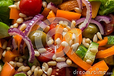 Close up, macro. Plant based ingredients. Vegan greek salad Stock Photo