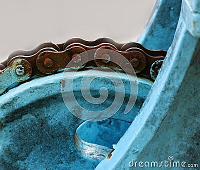 Close up macro rusty chain and gear Stock Photo