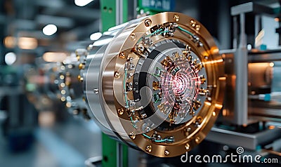 Macro shot focusing on a superconducting qubit with high-tech connections Stock Photo