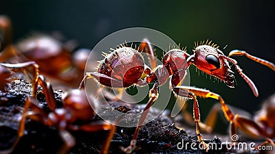 Close-up macro shot of red ants on a log, showcasing intricate details and textures Stock Photo