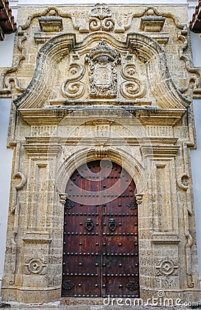 Close-up of impressive entrance portal of the Palace of the Inquisition in Old Town Cartagena, Colombia Stock Photo