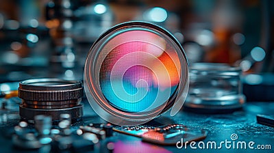 Close up of a magnifying lens placed on colorful microchips and coins, symbolizing technological analysis, data precision, and Cartoon Illustration