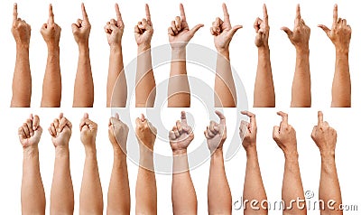 Close up Male asian hand gestures isolated over the white background. Stock Photo