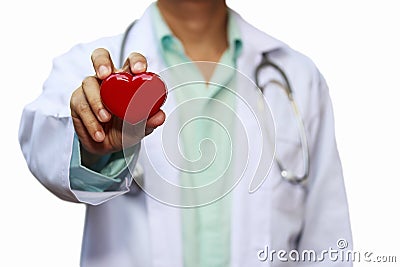 Close up male doctor with red heart isolated on white background Stock Photo
