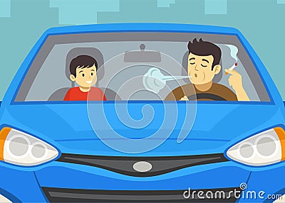 Close-up of male driver smoking cigarette and male kid sitting in front seat. Front view. Vector Illustration