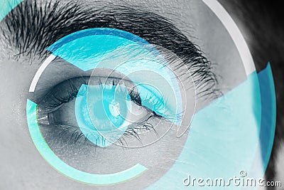 Close-up of male eye with round HUD display Stock Photo