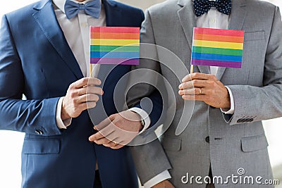 Close up of male gay couple holding rainbow flags Stock Photo