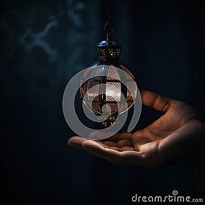 Close up of a male hand holding a Fanous Ramadan lantern, glowing Arabian folk traditional lamp at night. Ai generated. Stock Photo