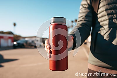 Close-up of male hand holding reusable steel red thermos water bottle on background of blurry road Stock Photo