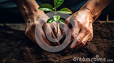 Close up Male hand planting young tree in the garden in the morning. Generative AI Stock Photo