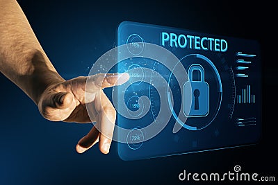 Close up of male hand pointing at creative protected digital padlock on background. Netwrok, antivirus and safety concept Stock Photo