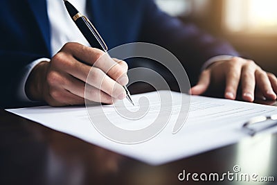 Close up male hands in formal business suit in office at table Caucasian European American businessman man entrepreneur Stock Photo