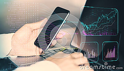 Close up of male hands using cellphone and laptop keyboard with creative glowing business chart and ai binary code nodes on blurry Stock Photo