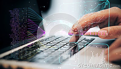 Close up of male hands using laptop keyboard with creative glowing business chart and ai binary code nodes on blurry background. Stock Photo