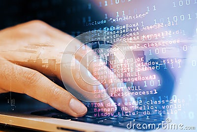 Close up of male student hand using laptop keyboard with abstract html code on creative city background. Coding and programming Stock Photo