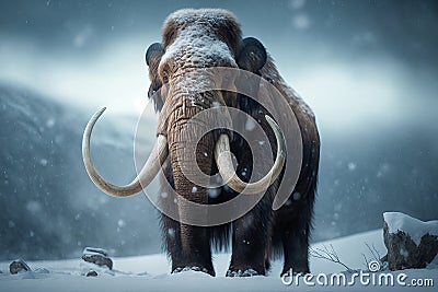 Close-up of a mammoth in the snowy landscape. Generative AI Stock Photo