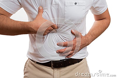 Close-up of man with abdominal pain as indigestion concept Stock Photo