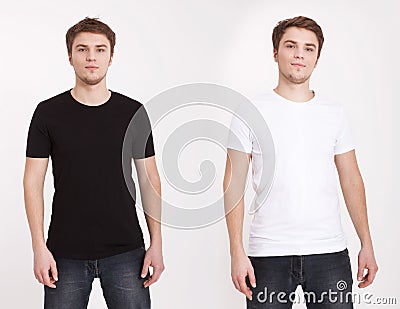 Close up of man in blank black and white t-shirt isolated on white background. Copy space and mock up. Stock Photo